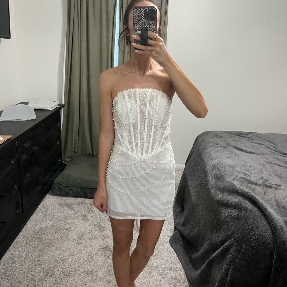 Amazon Strapless White Mini Dress with Pearl Details